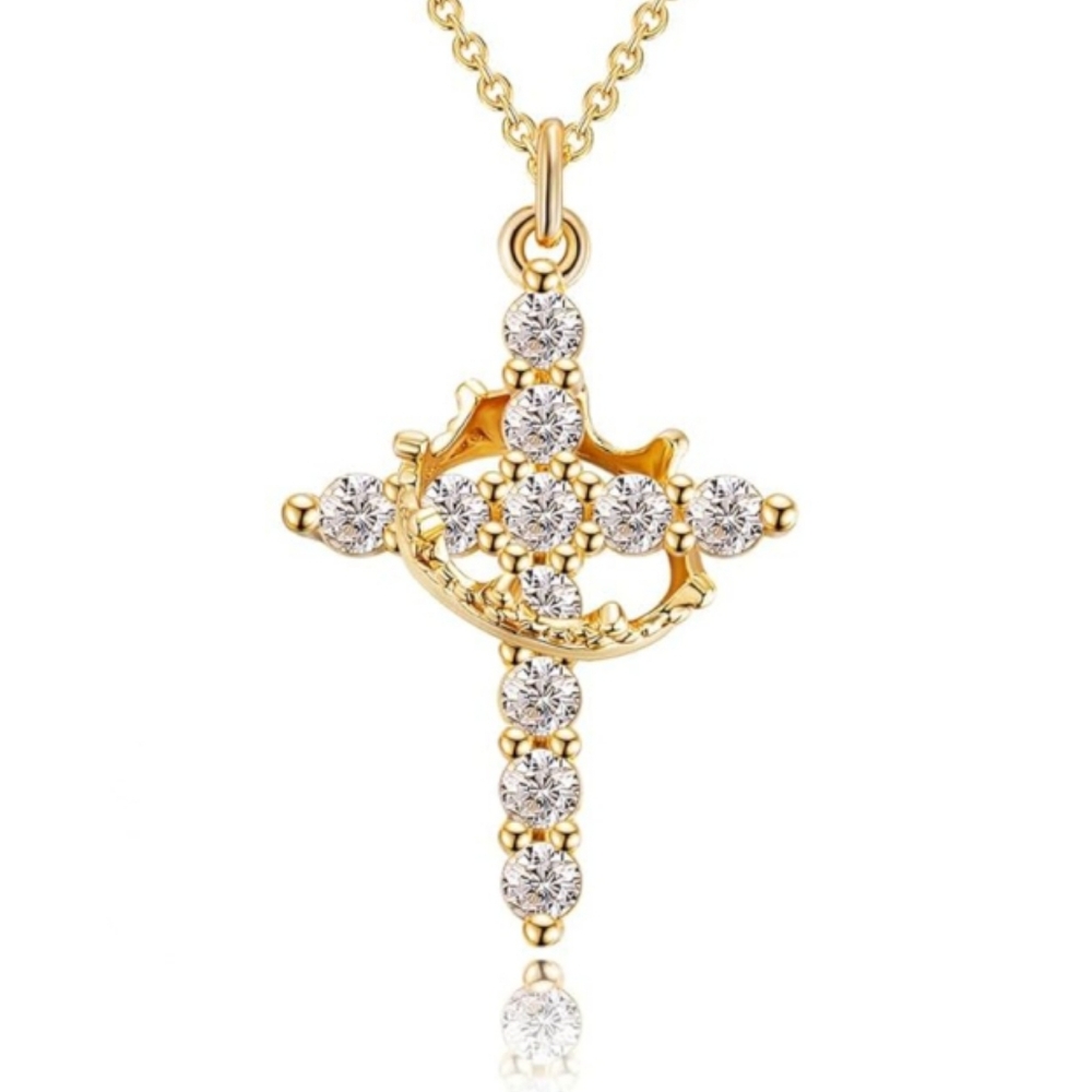 Anthropologie Diamond Cross and Gold Crown Dainty Necklace